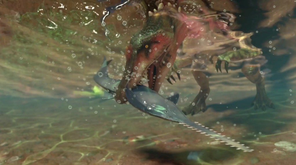 What Did Dinosaurs Eat? 1 An underwater illustration of a Spinosaurus with sharp teeth catching a long, saw-nosed fish. This dinosaur was a carnivore.