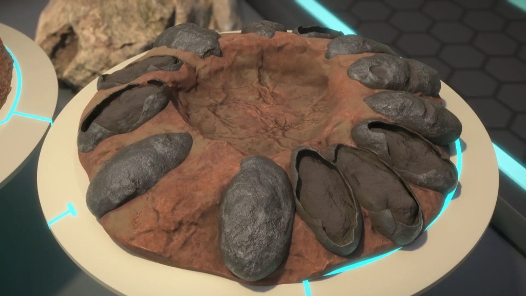 A close-up view of fossilized Dinosaur Eggs resting in a nest-like depression, varying in size and shape.