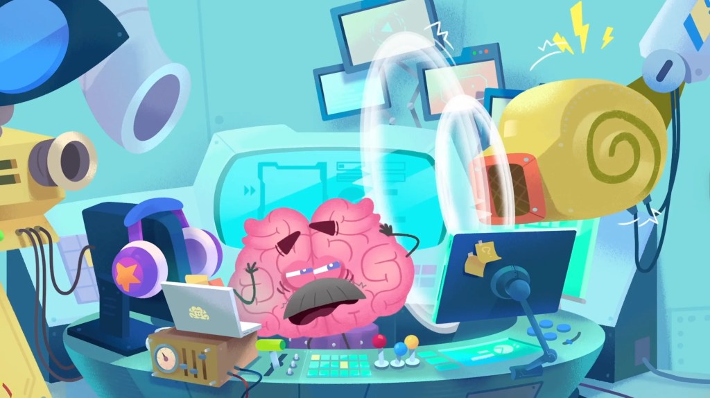 What Are the Parts of the Ear? 4 A cartoon brain looking stressed and overwhelmed by loud sounds, emphasizing the need to avoid listening to really loud sounds for too long.