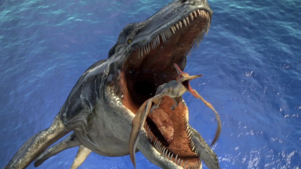 A depiction of the massive marine reptile Mosasaurus, the ocean's apex predator, leaping from the water with its mouth open.