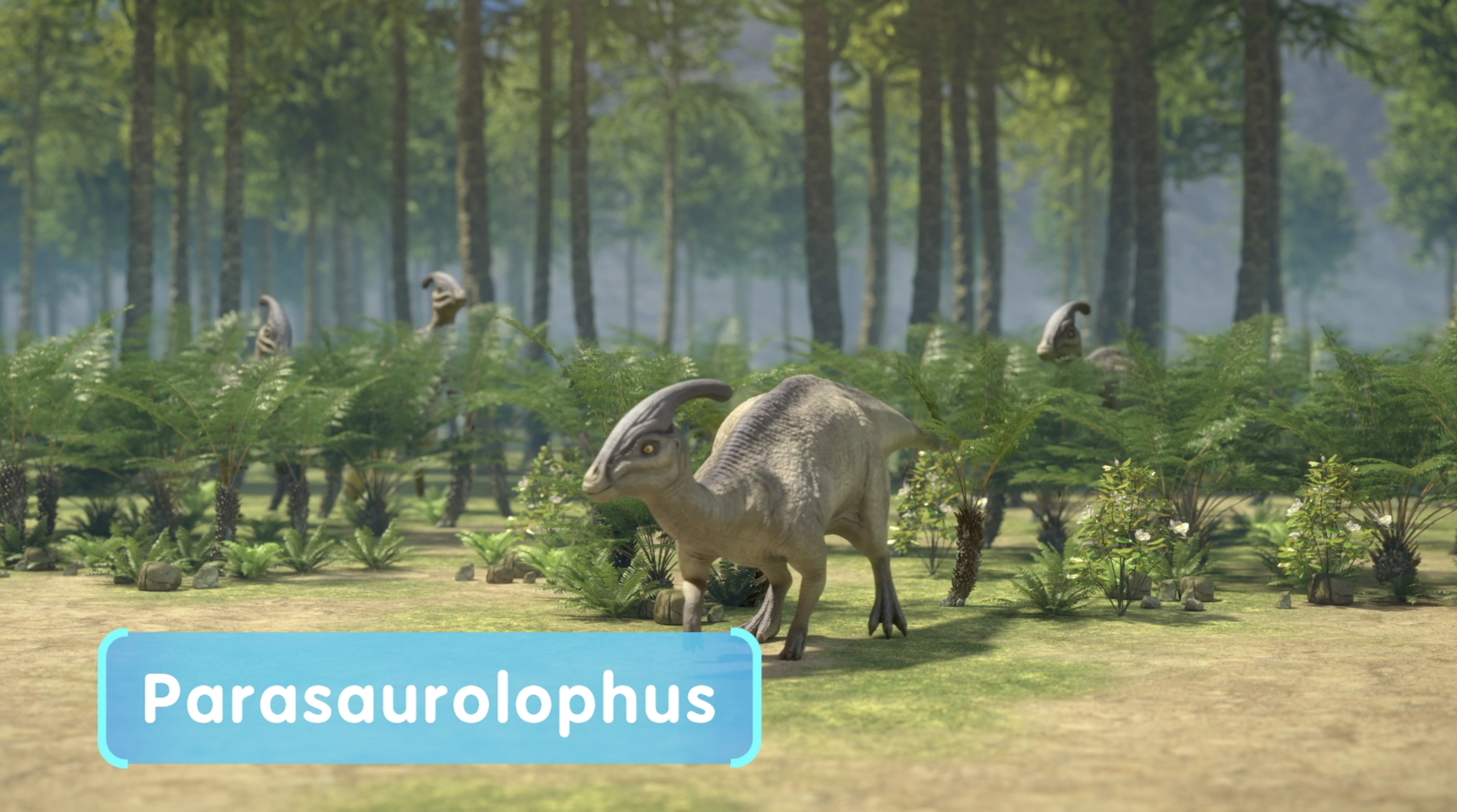 A depiction of the plant-eating dinosaur Parasaurolophus with its long, distinctive cranial crest.