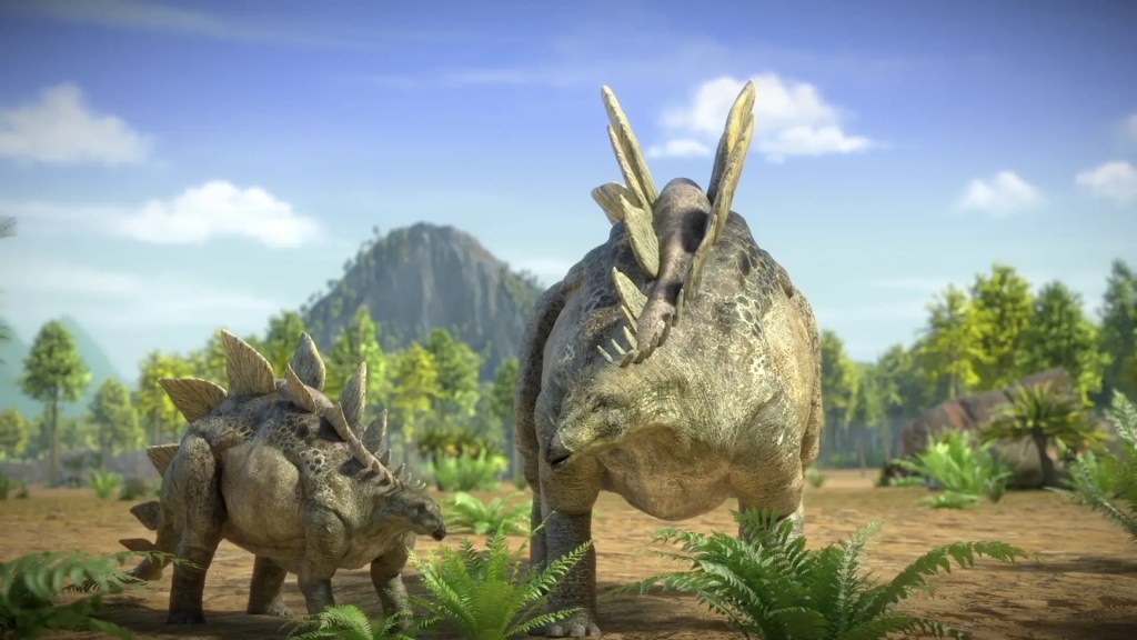 What Armored Dinosaurs Were There? 1 A depiction of two Stegosaurus dinosaurs, showing the sharp bony plates running down their backs and tails.