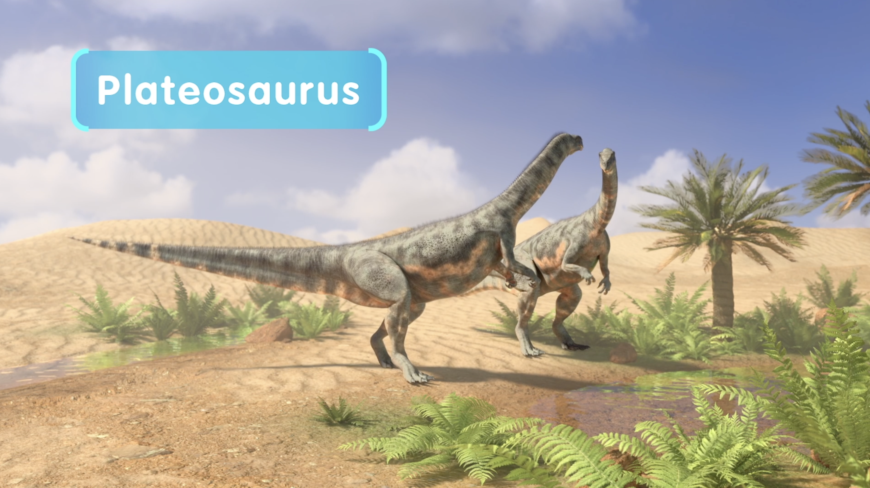 A depiction of two large plant-eating dinosaurs, Plateosaurus, roaming a desert landscape during the Triassic Period.