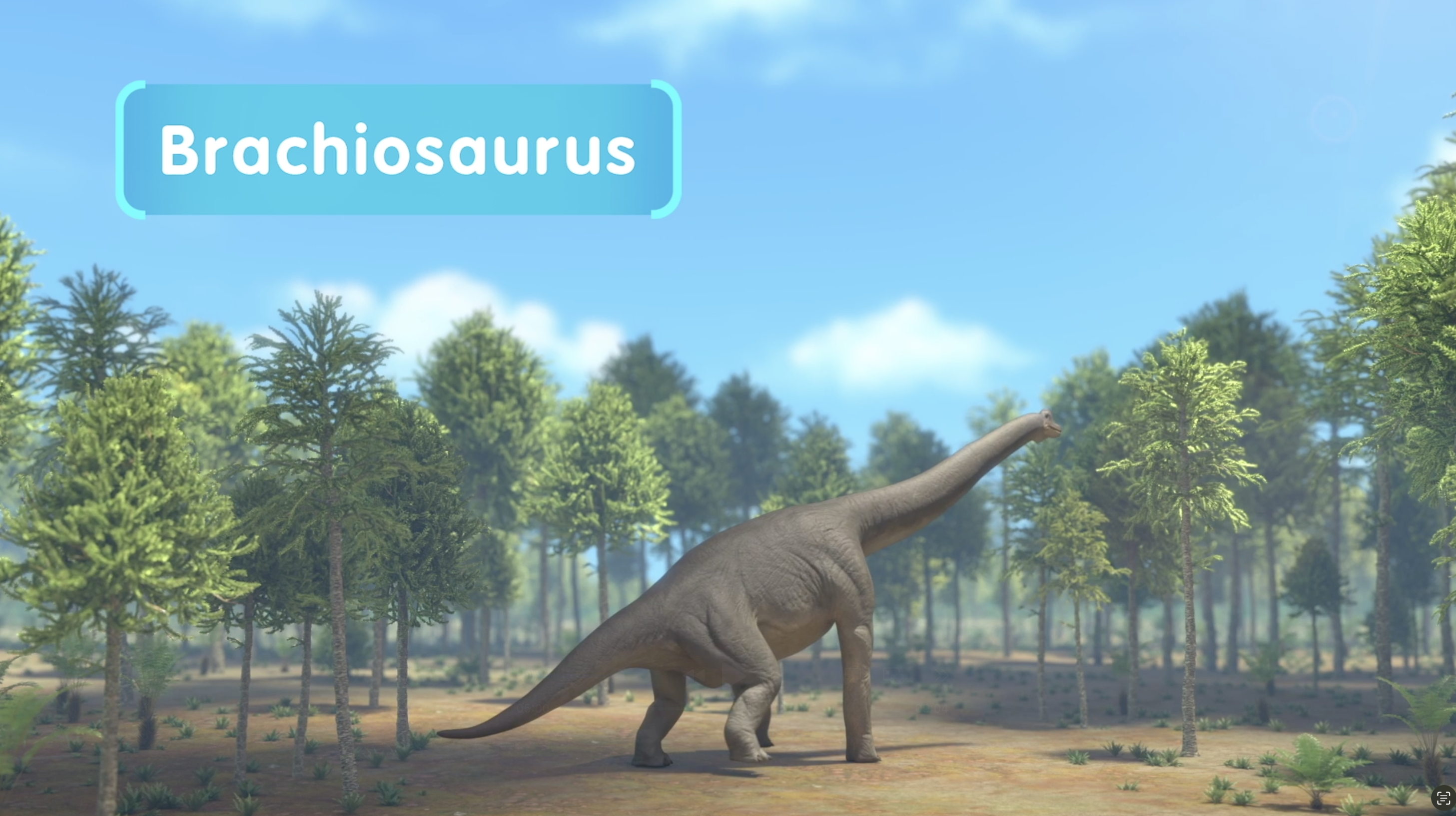 A depiction of a massive, long-necked plant-eating dinosaur, Brachiosaurus, walking in a forest during the Jurassic Period.