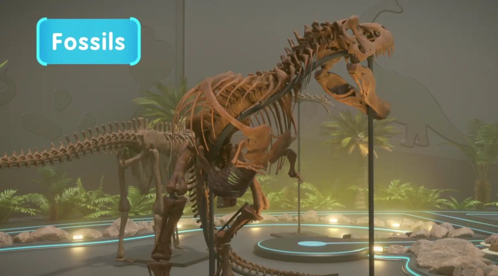 Here are a few options for the English alt text, depending on the specific dinosaur and the style of your children's educational content:

Option 1: Descriptive & Educational (Best for general use)
Alt Text: A complete T-Rex fossil skeleton displayed in a side view, showing its large skull with sharp teeth, powerful hind legs, and long bony tail. The skeleton is set against a clean, kid-friendly background to highlight the bone structure.