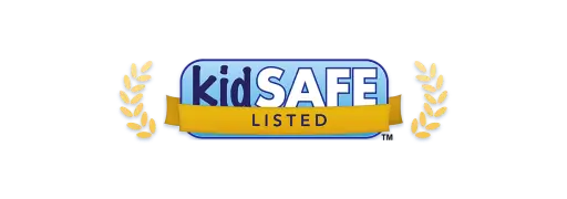 The official kidSAFE Listed seal featuring blue and gold graphics with laurel leaves, representing a child-safe digital environment.