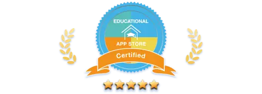 A gold and blue certification seal for the Educational App Store featuring five stars and a laurel wreath.