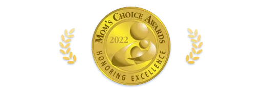 A gold Mom's Choice Award seal from 2022 for honoring excellence, flanked by gold laurel leaves.