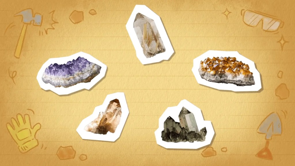 An illustration showcasing various rock-forming minerals like quartz, olivine, and biotite, surrounded by collecting tools.
