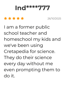 A teacher's review of Cretapedia mentioning how kids enjoy doing their daily science lessons independently.