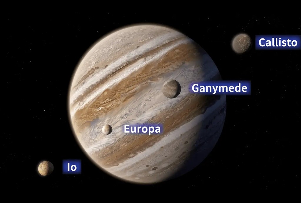 A composite image showing the planet Jupiter with its four largest, most famous moons: Io, Europa, Ganymede, and Callisto.