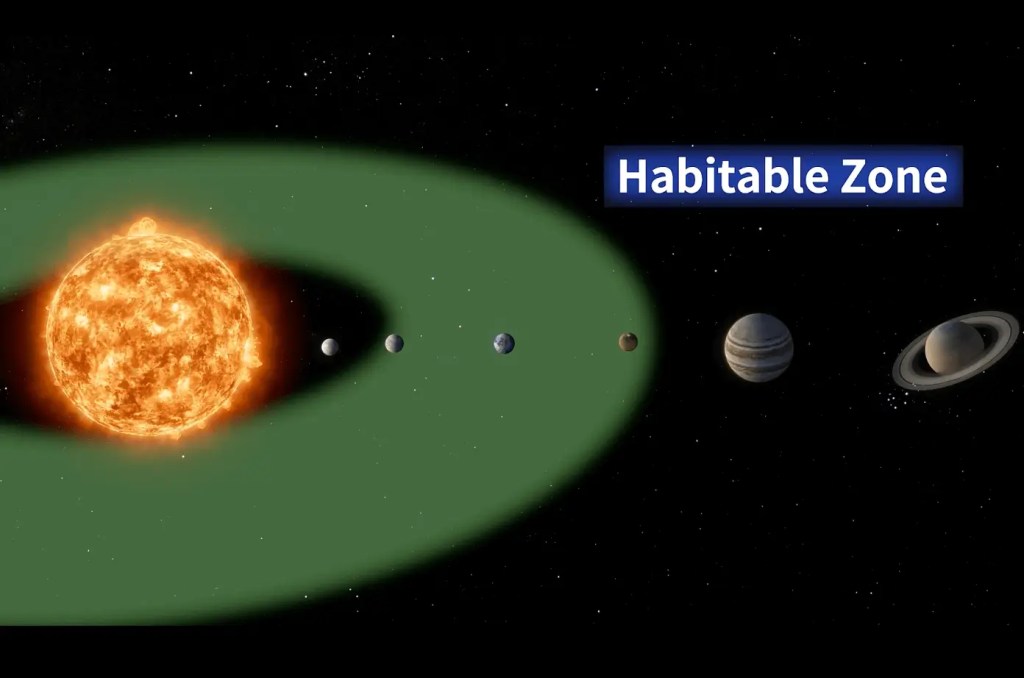 A diagram illustrating a star, its orbiting planets, and a green band representing the Habitable Zone around the star.