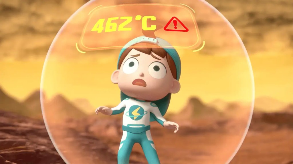 An illustration of the planet Venus depicting its surface, volcanoes, and the dense atmosphere that causes extreme heat.