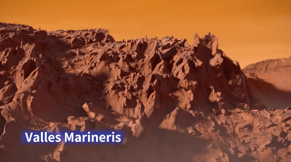An image showing a landscape of Mars featuring the giant landforms Olympus Mons and Valles Marineris.