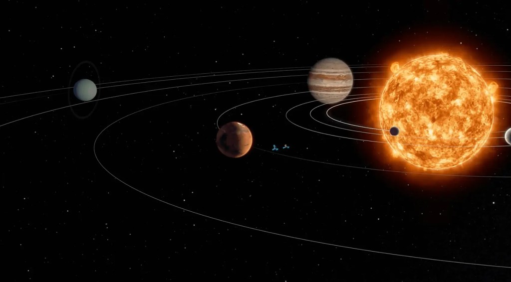 An illustration of Mars as the fourth planet in the Solar System, positioned after Earth and before Jupiter.
