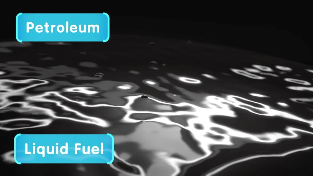How is petroleum formed? 1 A dark, reflective liquid surface labeled 'Petroleum' and 'Liquid Fuel,' illustrating the essential energy resource.