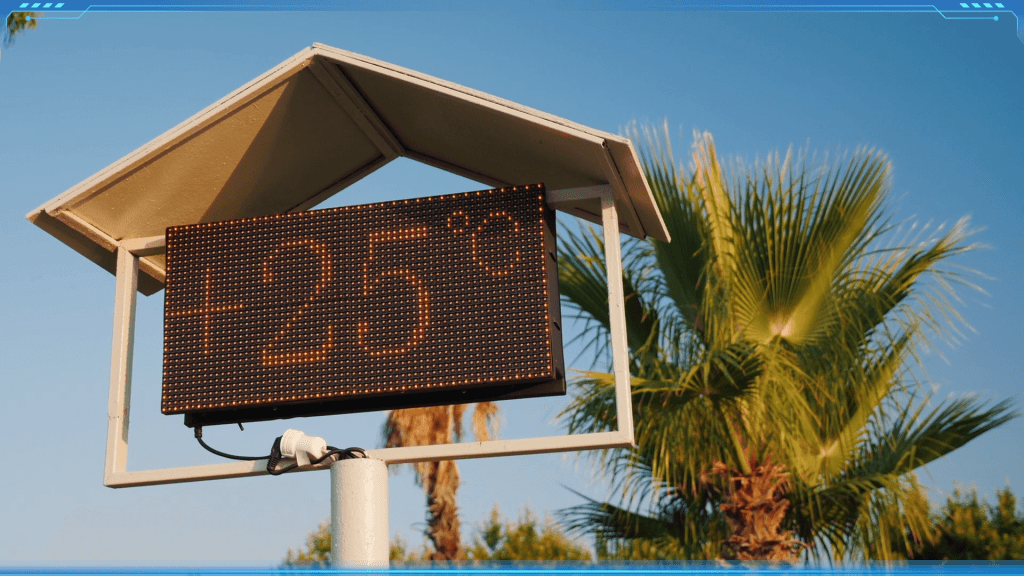 A digital display showing a temperature of 25°C under a bright, sunny sky with a palm tree, illustrating weather temperature.