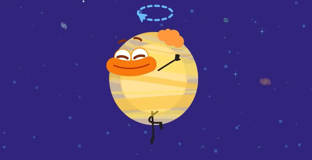 A cartoon illustration of the planet Venus with a happy face, suggesting its unique and slow rotation in space.