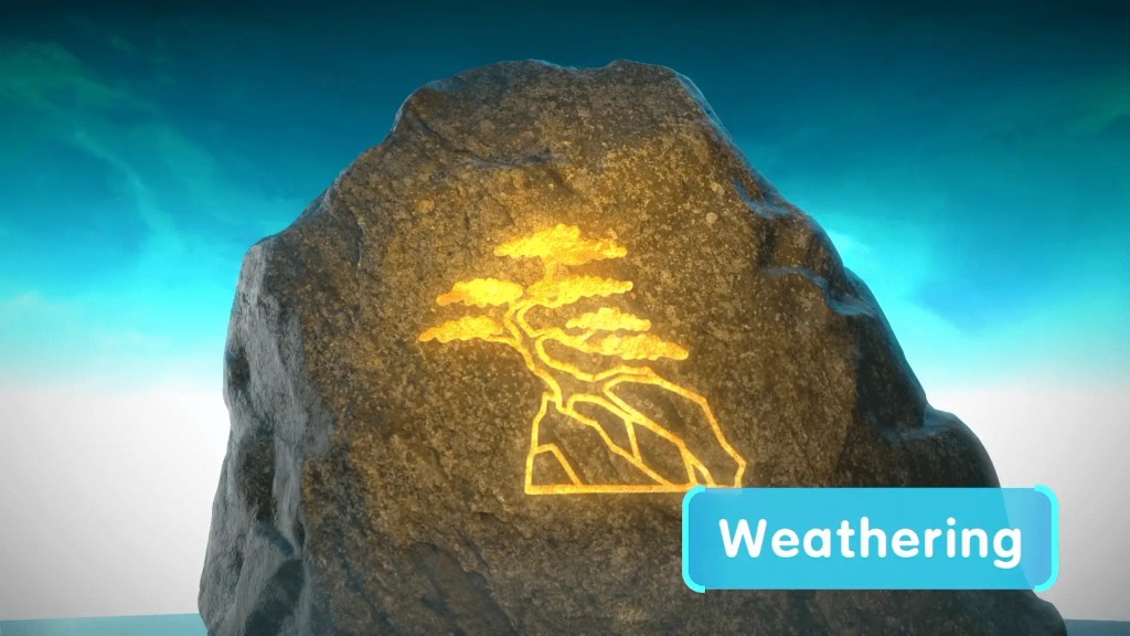 A large rock with a glowing outline of a tree, illustrating the natural process of weathering, the first step in the formation of sedimentary rocks.