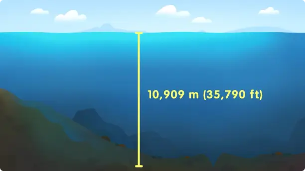 Illustration of the Mariana Trench showing the Challenger Deep at 10,909 meters (35,790 ft).