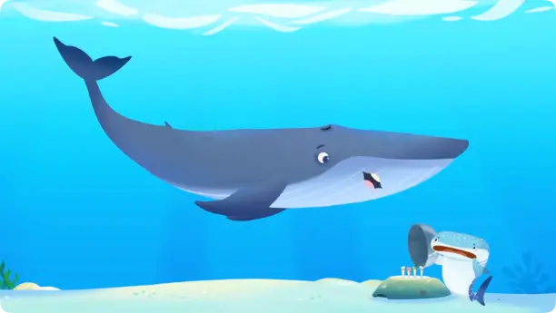 A picture comparing a massive Blue Whale and a Whale Shark to a human diver to show their giant size.