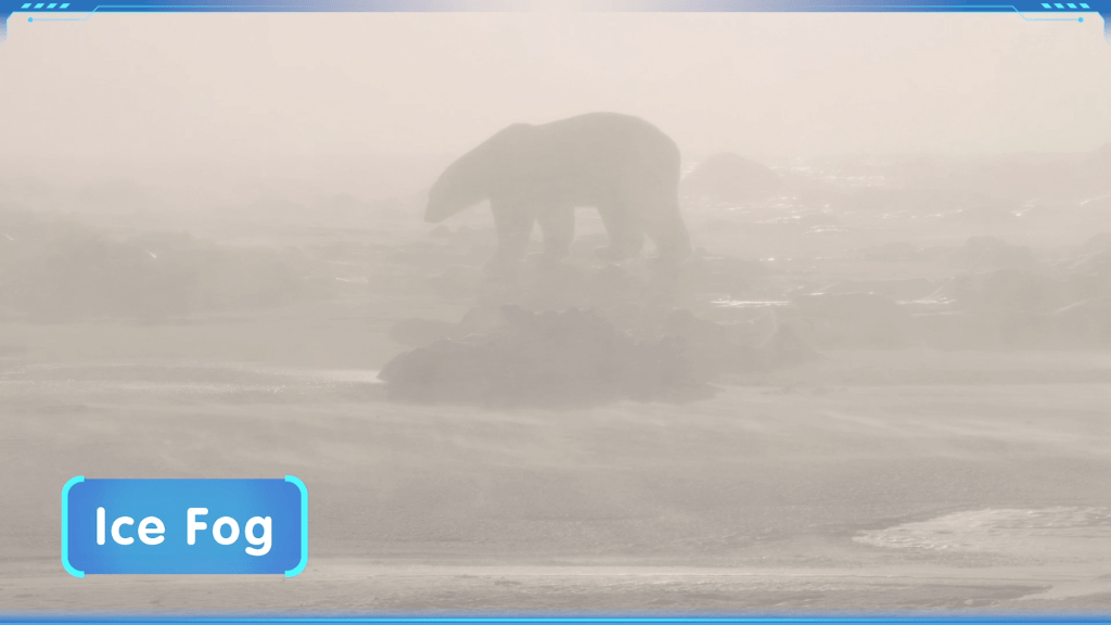 A silhouette of a polar bear walking through a dense, hazy landscape of ice fog in very low temperatures.