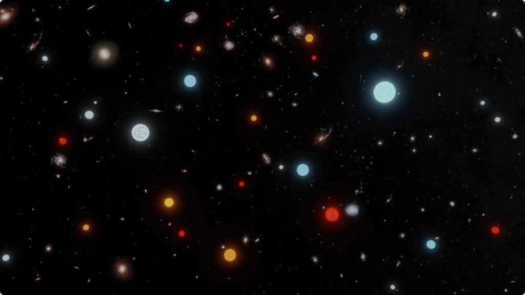 An illustration of deep space showing many stars and distant galaxies of different colors against a black background, representing the vast universe. Cosmology, Big Bang, Galaxies.