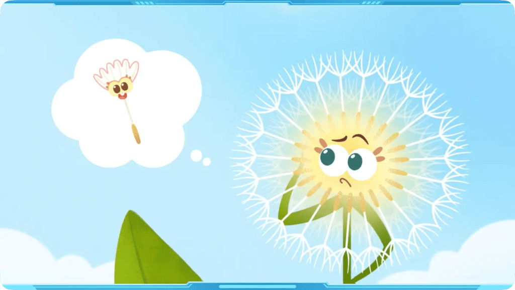 What Are Plant Seeds? 2 A cartoon dandelion character thinking about a single flying seed to illustrate seed dispersal.