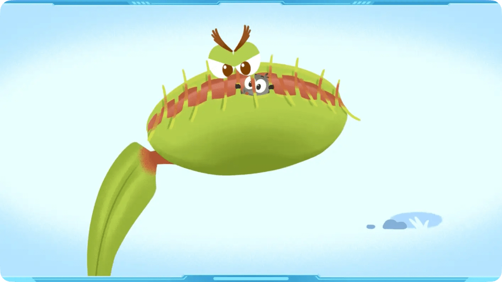 An underwater cartoon bladderwort plant capturing a small aquatic organism.