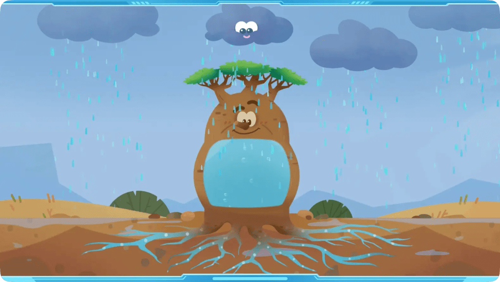 A cartoon baobab tree happily absorbing rain through its roots and storing water in its trunk, as an example for plant adaptions