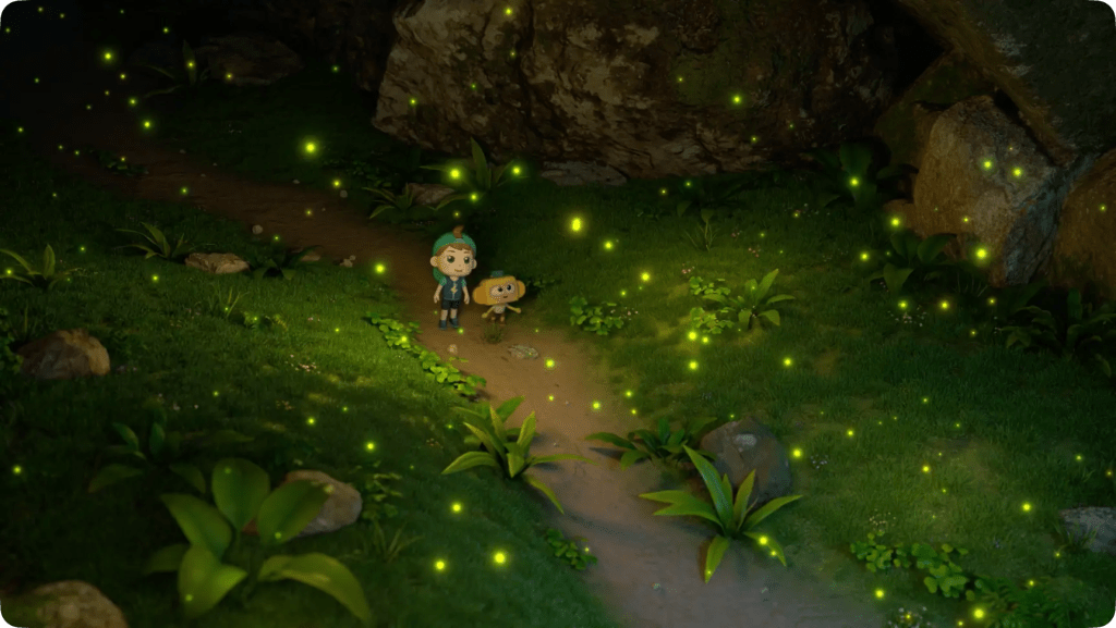 What Are Nocturnal Insects? 2 A young boy and a monkey companion walking along a dark forest path illuminated by many glowing fireflies.