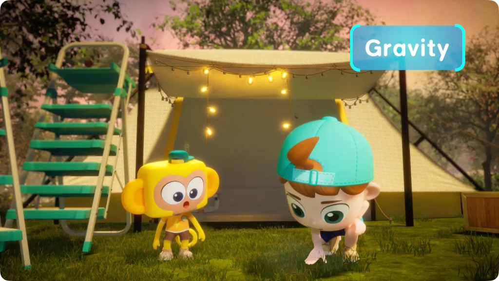What Is Gravity? 1 A cartoon boy and his yellow robot friend looking at the ground near a tent, with a label for 'Gravity'.