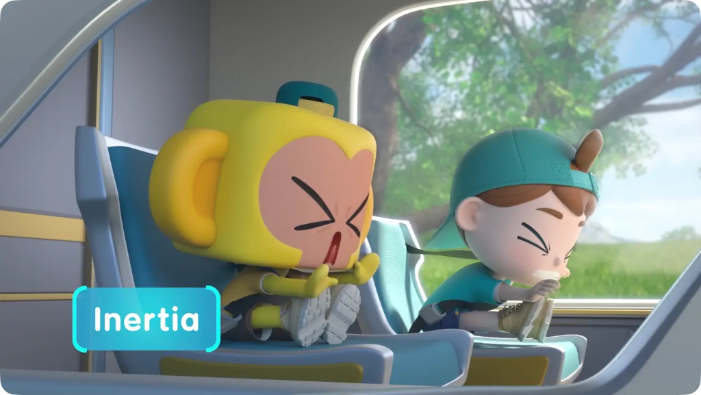 A cartoon boy and his robot friend jerked forward in their bus seats, labeled with the keyword 'Inertia'.