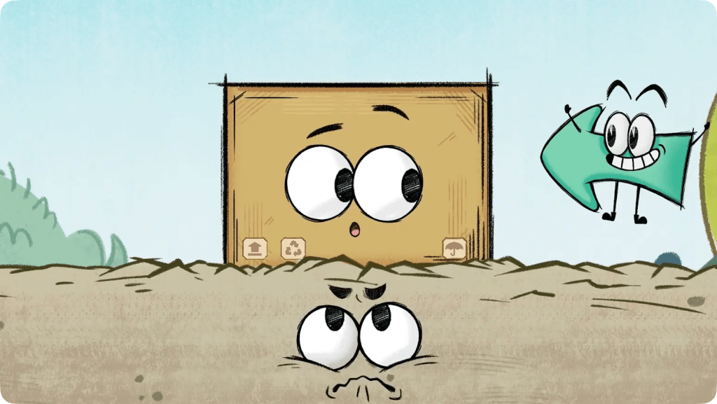 A cartoon illustration of a box being pushed across a rough surface, demonstrating the force of friction.