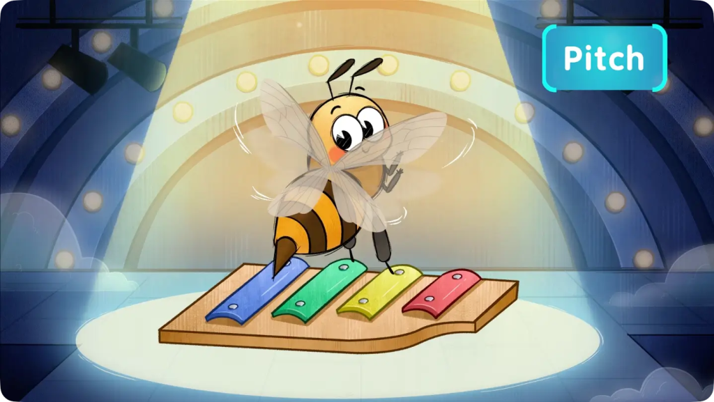 A cartoon bee with vibrating wings standing on a xylophone under a spotlight to represent pitch.